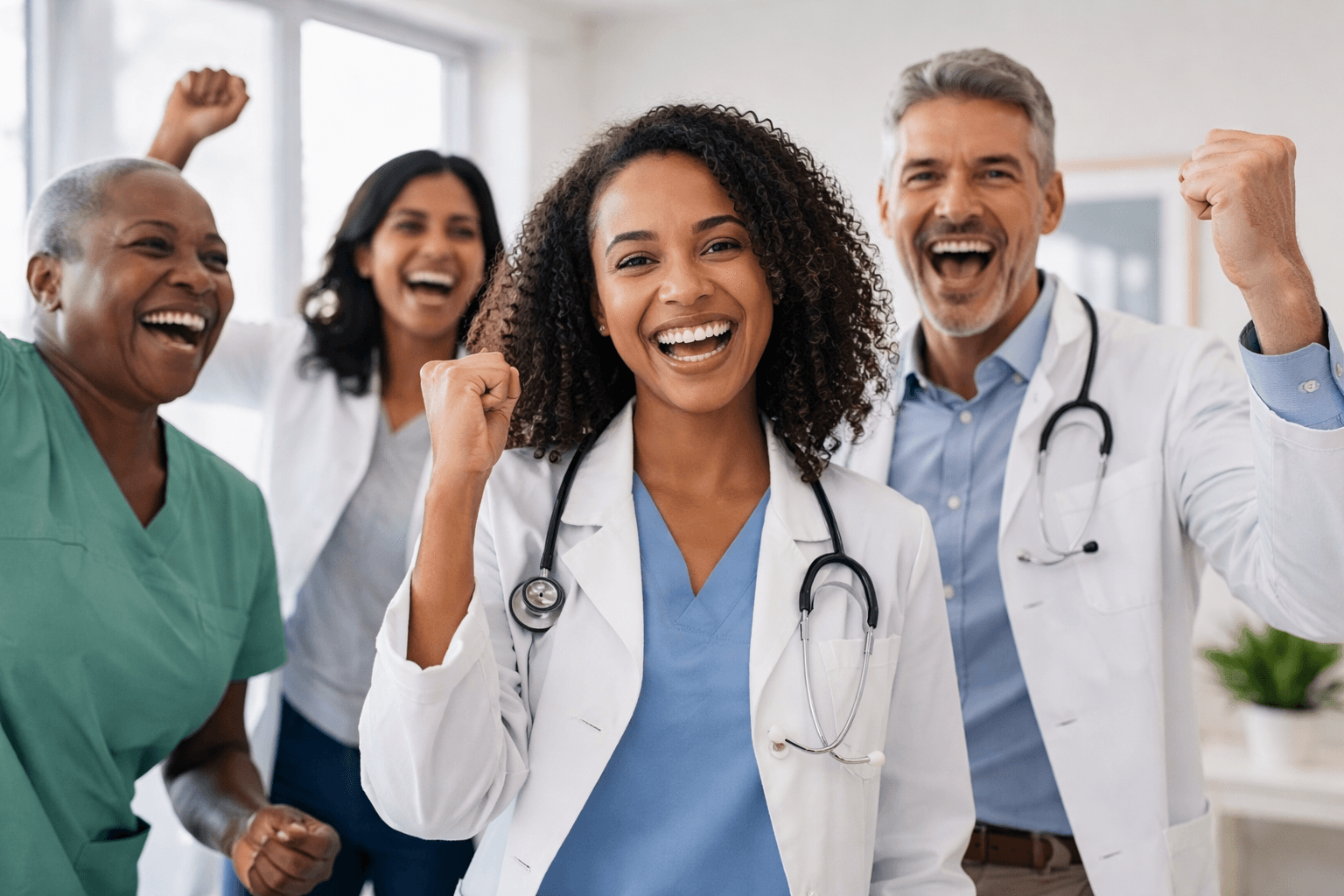 Healthcare team celebrating improved access outcomes